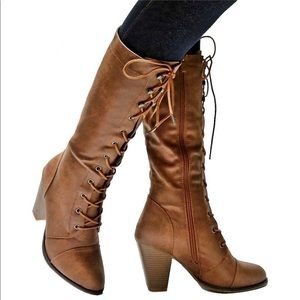 New Tan Combat Lace Up Mid-Calf High Heel Boots